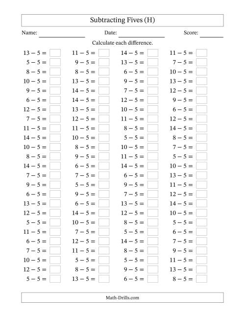 The Horizontally Arranged Subtracting Fives with Differences from 0 to 9 (100 Questions) (H) Math Worksheet