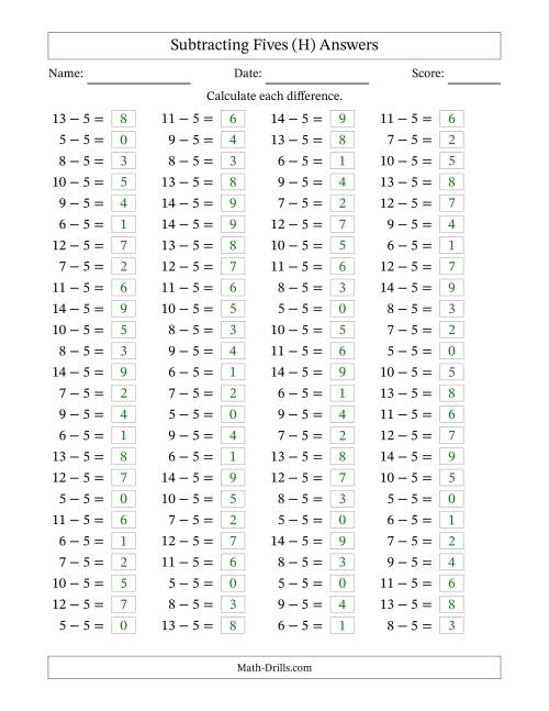 The Horizontally Arranged Subtracting Fives with Differences from 0 to 9 (100 Questions) (H) Math Worksheet Page 2