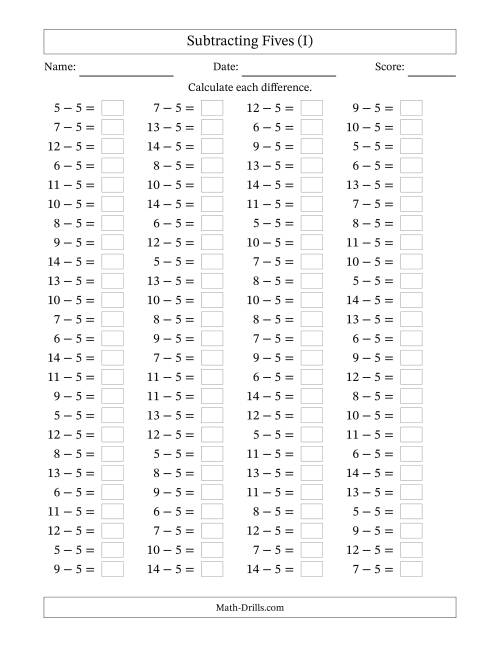 The Subtracting 5 (100 Horizontal Questions) (I) Math Worksheet