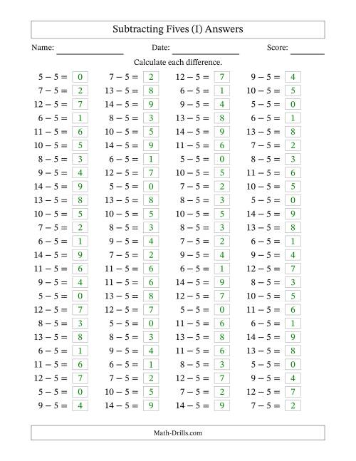 The Subtracting 5 (100 Horizontal Questions) (I) Math Worksheet Page 2