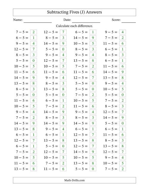 The Horizontally Arranged Subtracting Fives with Differences from 0 to 9 (100 Questions) (J) Math Worksheet Page 2