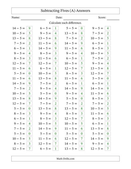 The Horizontally Arranged Subtracting Fives with Differences from 0 to 9 (100 Questions) (All) Math Worksheet Page 2