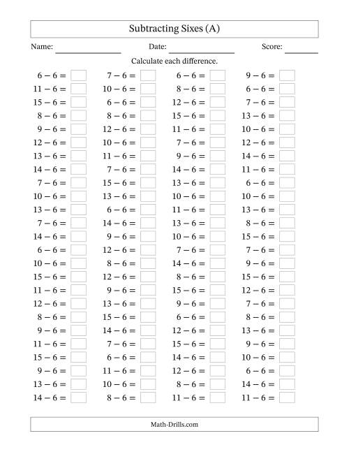 The Subtracting 6 (100 Horizontal Questions) (A) Math Worksheet