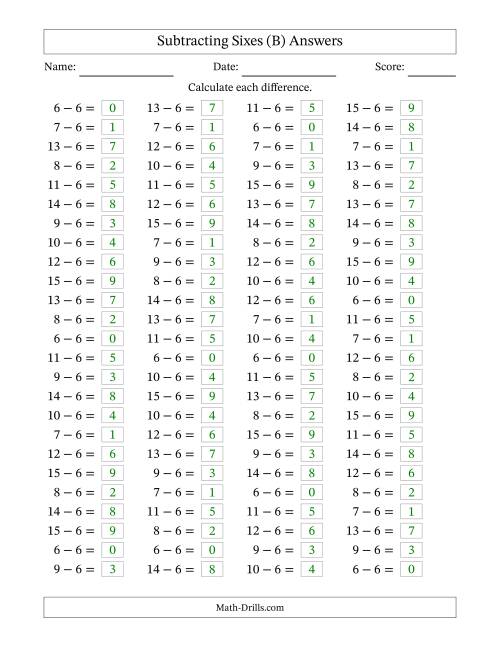 The Horizontally Arranged Subtracting Sixes with Differences from 0 to 9 (100 Questions) (B) Math Worksheet Page 2