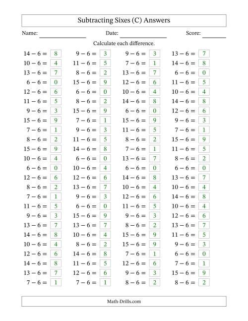 The Horizontally Arranged Subtracting Sixes with Differences from 0 to 9 (100 Questions) (C) Math Worksheet Page 2
