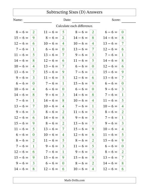 The Horizontally Arranged Subtracting Sixes with Differences from 0 to 9 (100 Questions) (D) Math Worksheet Page 2