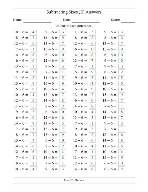 The Horizontally Arranged Subtracting Sixes with Differences from 0 to 9 (100 Questions) (E) Math Worksheet Page 2