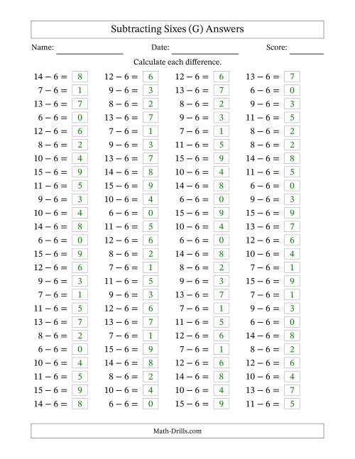 The Horizontally Arranged Subtracting Sixes with Differences from 0 to 9 (100 Questions) (G) Math Worksheet Page 2