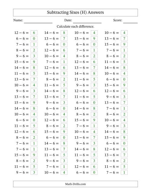 The Horizontally Arranged Subtracting Sixes with Differences from 0 to 9 (100 Questions) (H) Math Worksheet Page 2