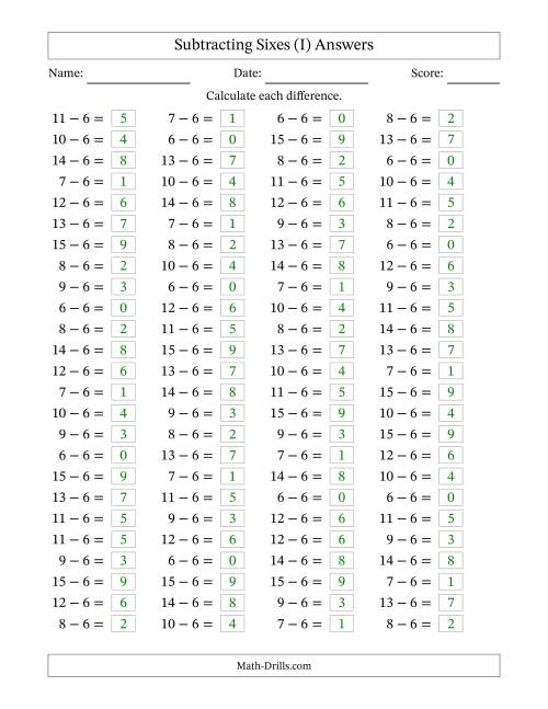 The Horizontally Arranged Subtracting Sixes with Differences from 0 to 9 (100 Questions) (I) Math Worksheet Page 2