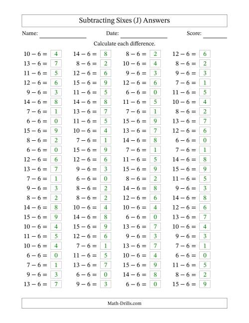 The Horizontally Arranged Subtracting Sixes with Differences from 0 to 9 (100 Questions) (J) Math Worksheet Page 2