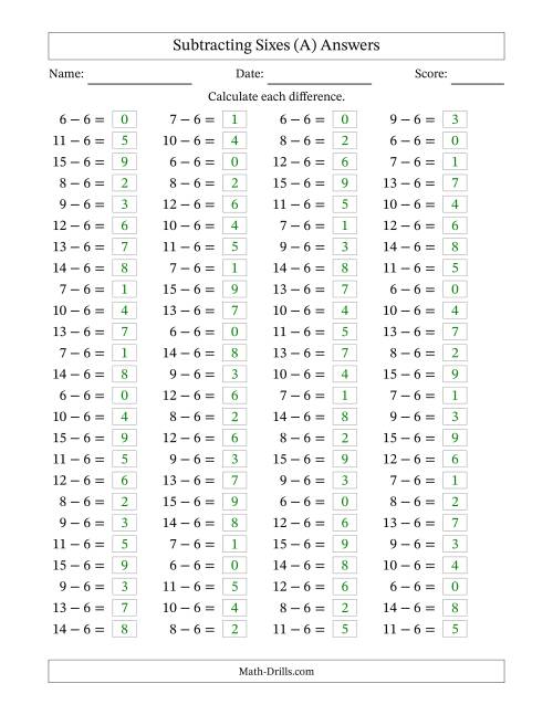 The Horizontally Arranged Subtracting Sixes with Differences from 0 to 9 (100 Questions) (All) Math Worksheet Page 2
