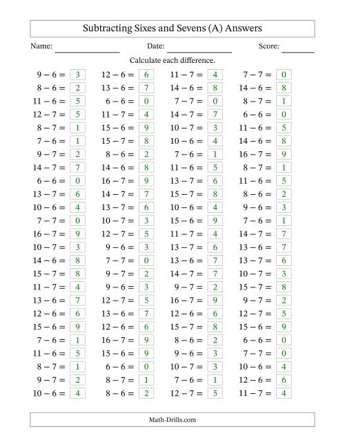 The Horizontally Arranged Subtracting Sixes and Sevens with Differences from 0 to 9 (100 Questions) (A) Math Worksheet Page 2