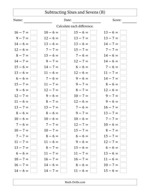 The Horizontally Arranged Subtracting Sixes and Sevens with Differences from 0 to 9 (100 Questions) (B) Math Worksheet