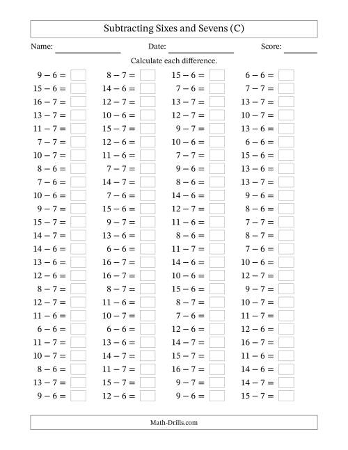 The Horizontally Arranged Subtracting Sixes and Sevens with Differences from 0 to 9 (100 Questions) (C) Math Worksheet
