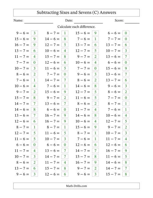 The Horizontally Arranged Subtracting Sixes and Sevens with Differences from 0 to 9 (100 Questions) (C) Math Worksheet Page 2