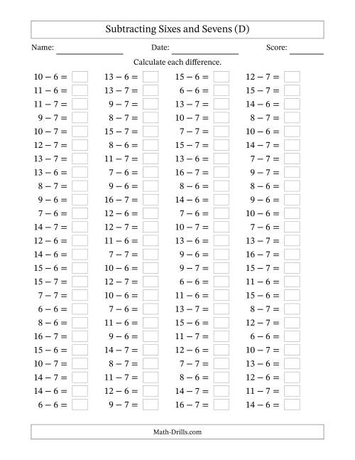 The Horizontally Arranged Subtracting Sixes and Sevens with Differences from 0 to 9 (100 Questions) (D) Math Worksheet