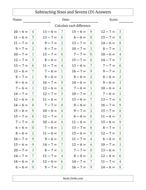 The Horizontally Arranged Subtracting Sixes and Sevens with Differences from 0 to 9 (100 Questions) (D) Math Worksheet Page 2