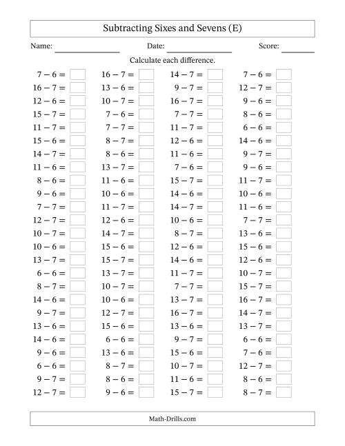 The Horizontally Arranged Subtracting Sixes and Sevens with Differences from 0 to 9 (100 Questions) (E) Math Worksheet