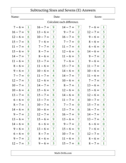 The Horizontally Arranged Subtracting Sixes and Sevens with Differences from 0 to 9 (100 Questions) (E) Math Worksheet Page 2