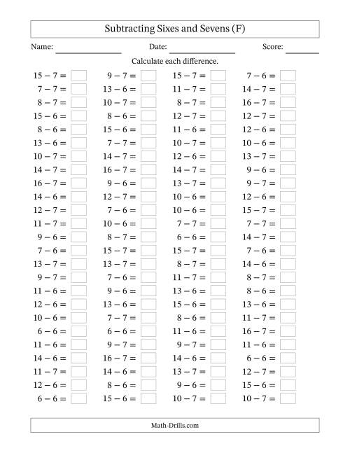 The Horizontally Arranged Subtracting Sixes and Sevens with Differences from 0 to 9 (100 Questions) (F) Math Worksheet