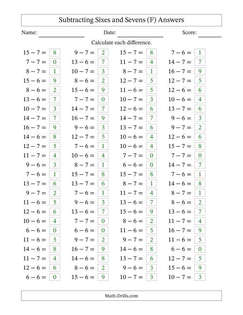 The Horizontally Arranged Subtracting Sixes and Sevens with Differences from 0 to 9 (100 Questions) (F) Math Worksheet Page 2