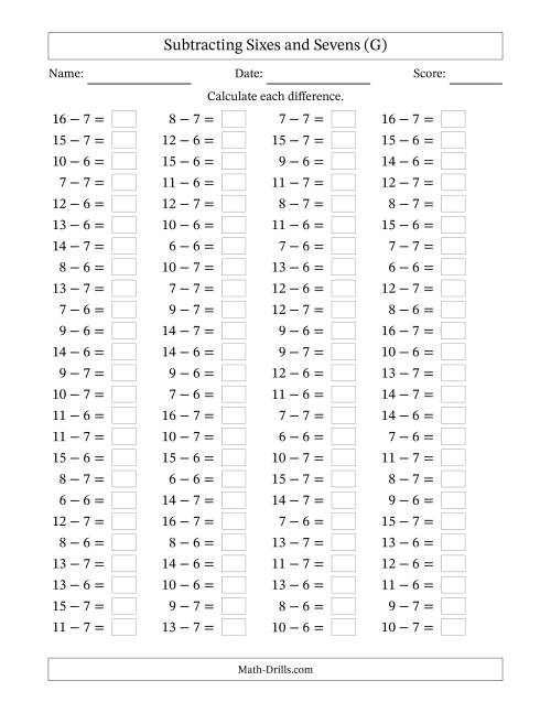 The Horizontally Arranged Subtracting Sixes and Sevens with Differences from 0 to 9 (100 Questions) (G) Math Worksheet