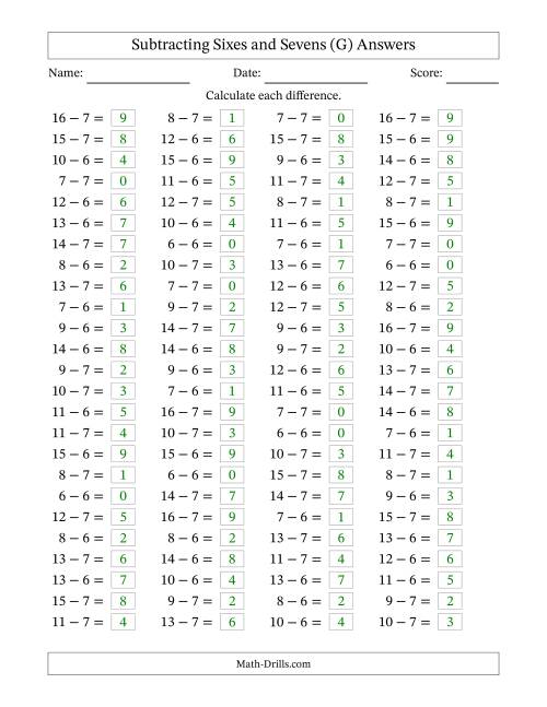 The Horizontally Arranged Subtracting Sixes and Sevens with Differences from 0 to 9 (100 Questions) (G) Math Worksheet Page 2