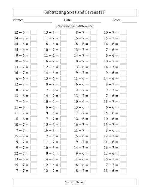 The Horizontally Arranged Subtracting Sixes and Sevens with Differences from 0 to 9 (100 Questions) (H) Math Worksheet