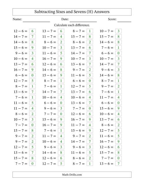 The Horizontally Arranged Subtracting Sixes and Sevens with Differences from 0 to 9 (100 Questions) (H) Math Worksheet Page 2