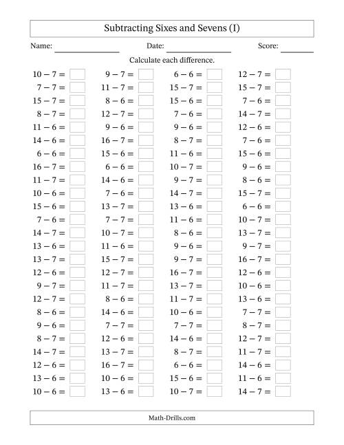 The Horizontally Arranged Subtracting Sixes and Sevens with Differences from 0 to 9 (100 Questions) (I) Math Worksheet