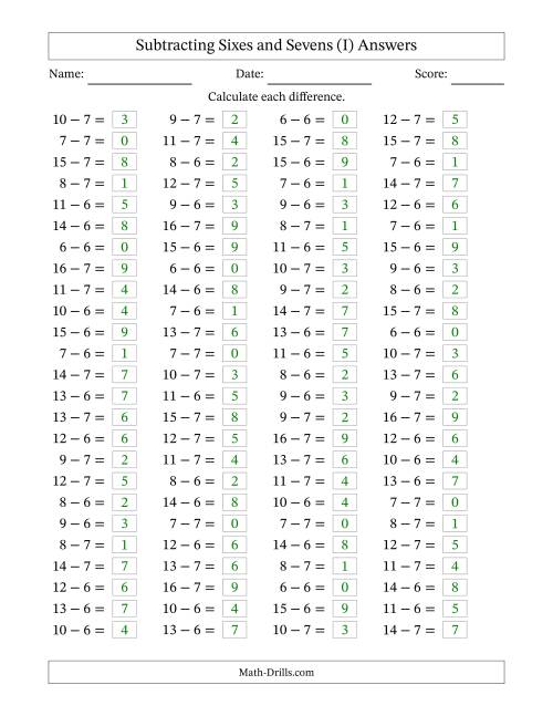 The Horizontally Arranged Subtracting Sixes and Sevens with Differences from 0 to 9 (100 Questions) (I) Math Worksheet Page 2
