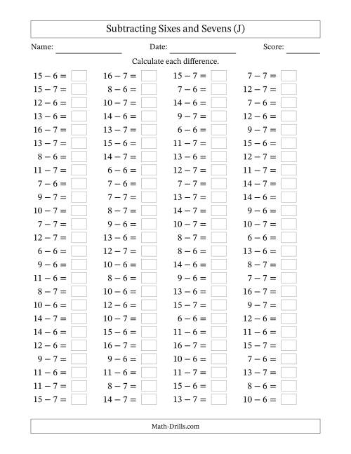 The Horizontally Arranged Subtracting Sixes and Sevens with Differences from 0 to 9 (100 Questions) (J) Math Worksheet