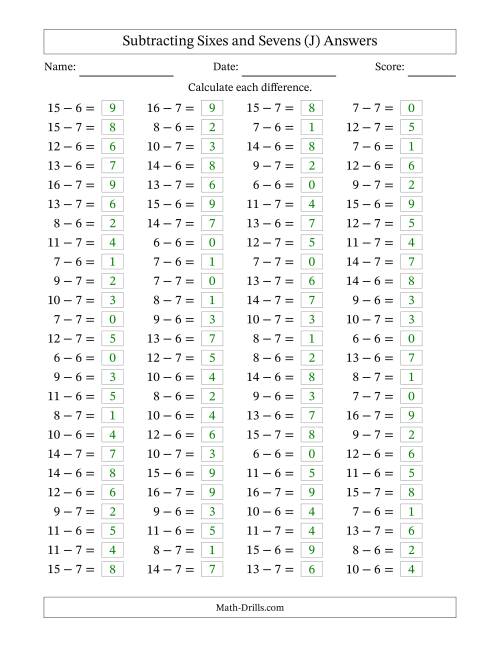 The Horizontally Arranged Subtracting Sixes and Sevens with Differences from 0 to 9 (100 Questions) (J) Math Worksheet Page 2