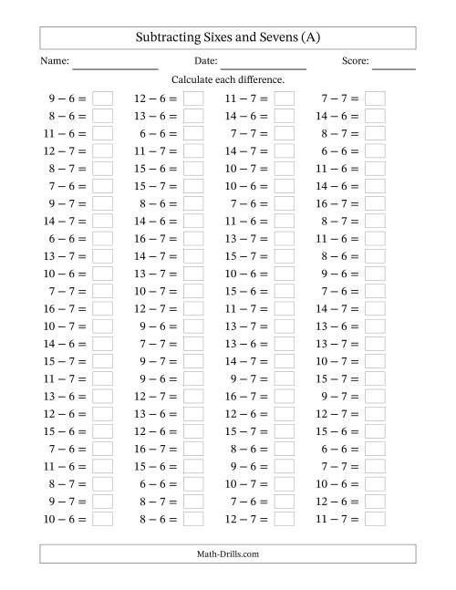 The Horizontally Arranged Subtracting Sixes and Sevens with Differences from 0 to 9 (100 Questions) (All) Math Worksheet