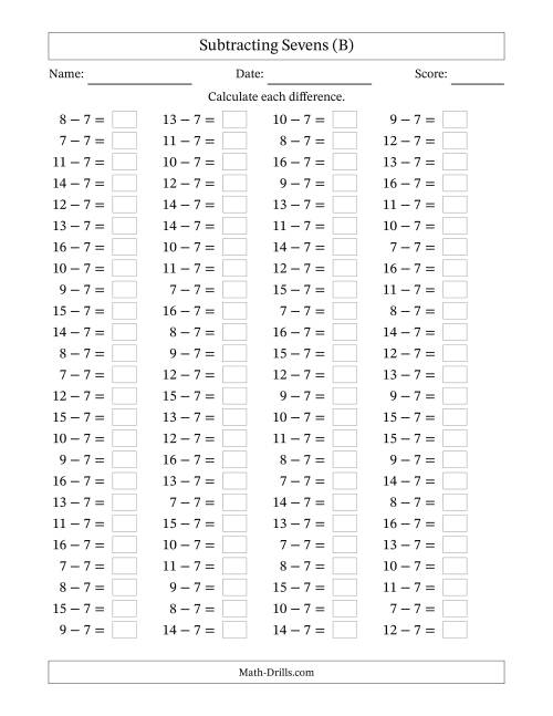 The Horizontally Arranged Subtracting Sevens with Differences from 0 to 9 (100 Questions) (B) Math Worksheet