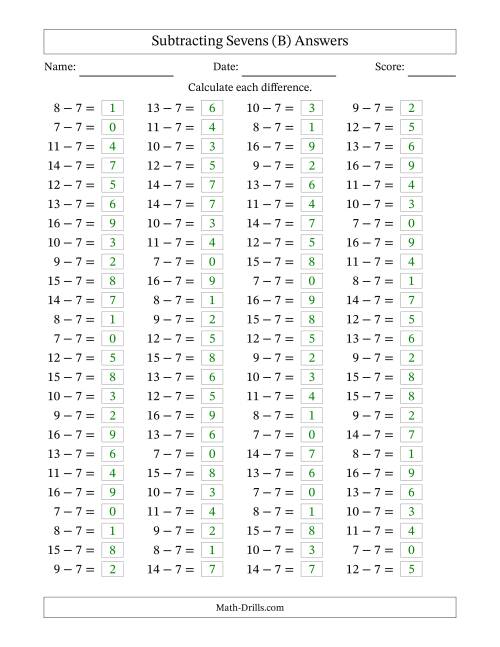The Horizontally Arranged Subtracting Sevens with Differences from 0 to 9 (100 Questions) (B) Math Worksheet Page 2