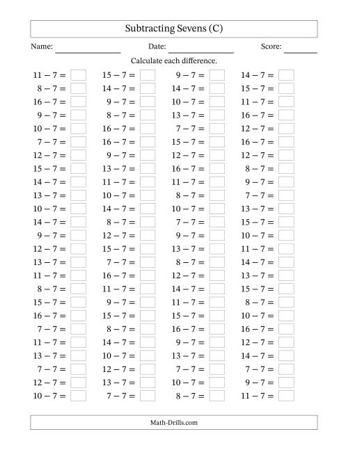 The Horizontally Arranged Subtracting Sevens with Differences from 0 to 9 (100 Questions) (C) Math Worksheet