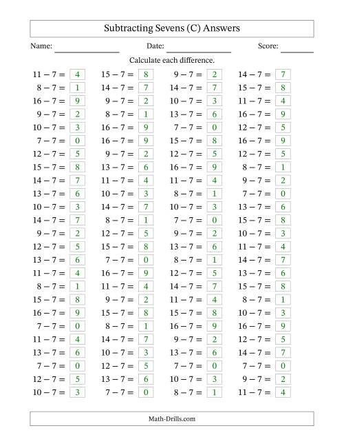The Horizontally Arranged Subtracting Sevens with Differences from 0 to 9 (100 Questions) (C) Math Worksheet Page 2