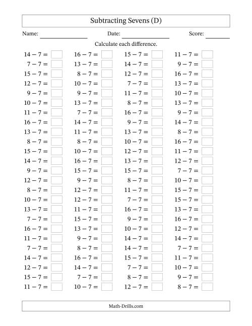 The Horizontally Arranged Subtracting Sevens with Differences from 0 to 9 (100 Questions) (D) Math Worksheet