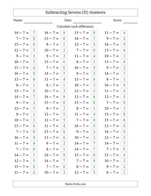 The Horizontally Arranged Subtracting Sevens with Differences from 0 to 9 (100 Questions) (D) Math Worksheet Page 2