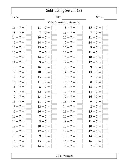 The Horizontally Arranged Subtracting Sevens with Differences from 0 to 9 (100 Questions) (E) Math Worksheet