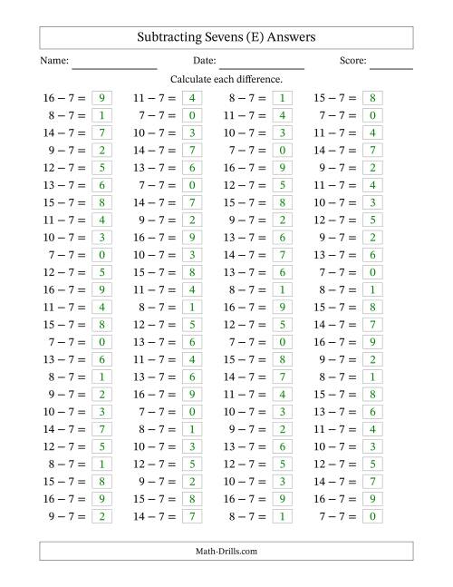 The Horizontally Arranged Subtracting Sevens with Differences from 0 to 9 (100 Questions) (E) Math Worksheet Page 2