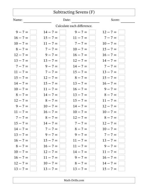 The Horizontally Arranged Subtracting Sevens with Differences from 0 to 9 (100 Questions) (F) Math Worksheet