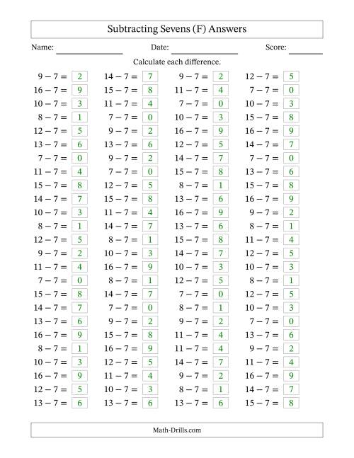 The Horizontally Arranged Subtracting Sevens with Differences from 0 to 9 (100 Questions) (F) Math Worksheet Page 2