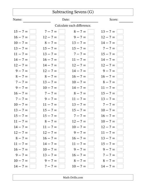 The Horizontally Arranged Subtracting Sevens with Differences from 0 to 9 (100 Questions) (G) Math Worksheet