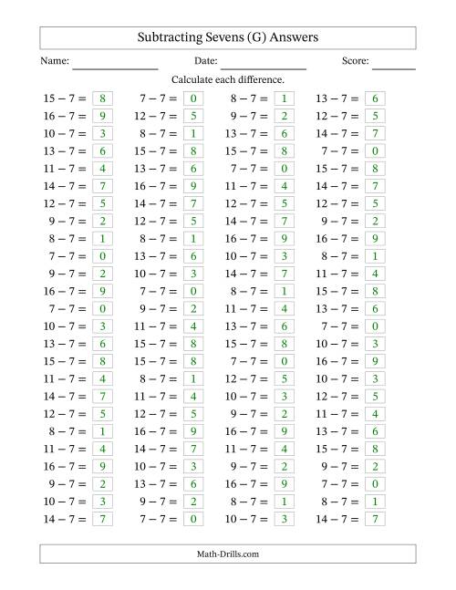 The Horizontally Arranged Subtracting Sevens with Differences from 0 to 9 (100 Questions) (G) Math Worksheet Page 2