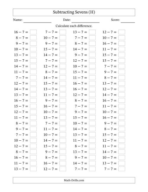 The Horizontally Arranged Subtracting Sevens with Differences from 0 to 9 (100 Questions) (H) Math Worksheet