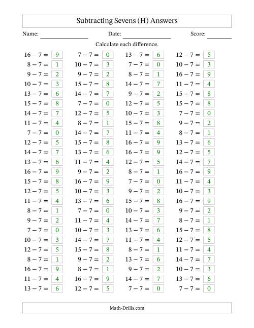 The Horizontally Arranged Subtracting Sevens with Differences from 0 to 9 (100 Questions) (H) Math Worksheet Page 2
