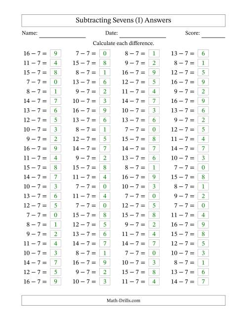 The Horizontally Arranged Subtracting Sevens with Differences from 0 to 9 (100 Questions) (I) Math Worksheet Page 2